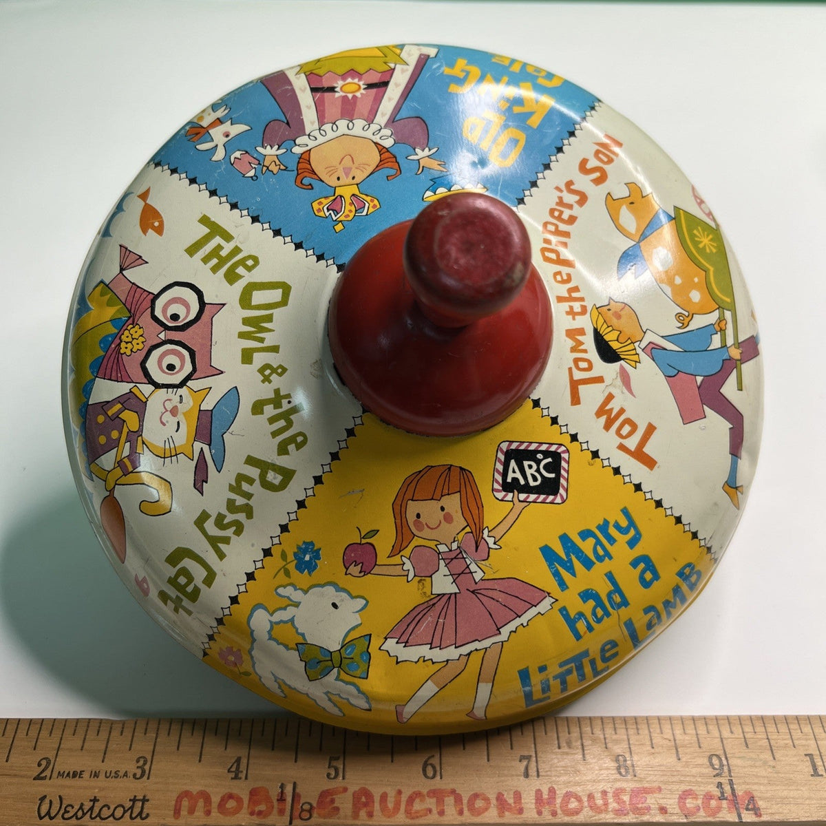Vintage Tin Litho Chein Spinning Top Nursery Rhymes Mary Lamb Owl Pussy Cat King