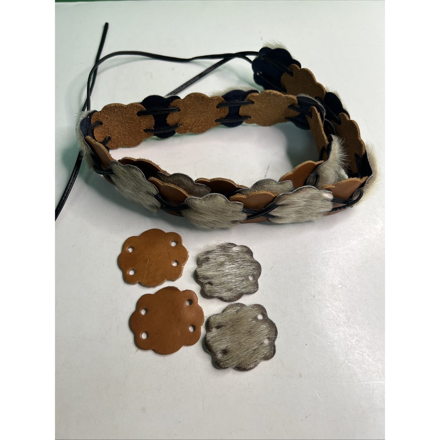 Vintage BOHO Belt Fur Leather Medallions Rawhide Festival Hippie Native American
