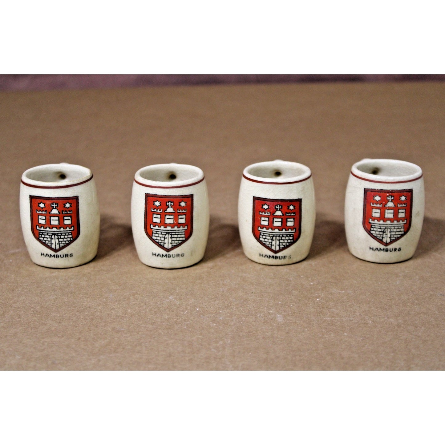 4 VTG Miniature 2"H German Beer Steins, Ceramic, Hamburg Oktoberfest, Shot Glass