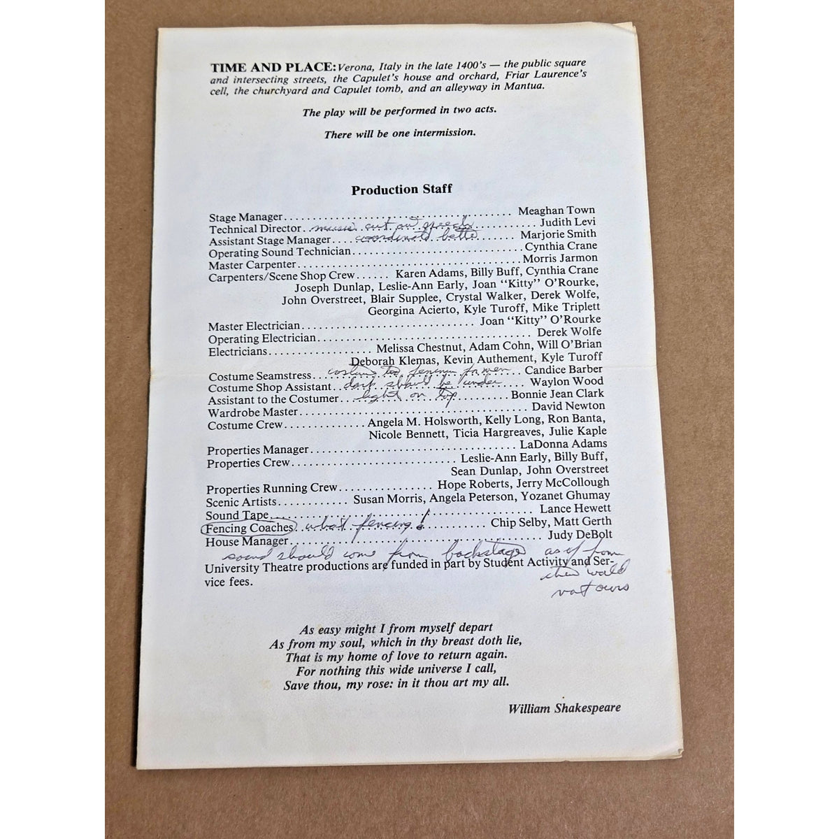 1989 Romeo & Juliet Theater Program - Rare Annotated Working Copy - Lance Hewett