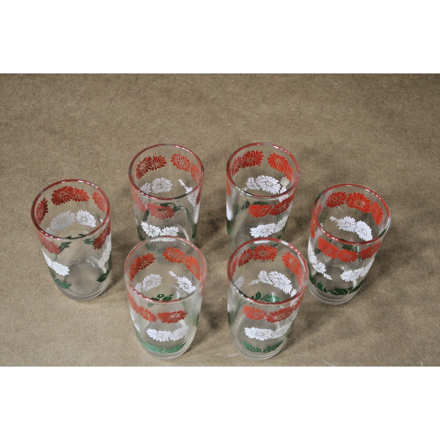 Six Vintage MCM Hazel Atlas Swanky Swig Juice Glasses Daisy Red White & Green