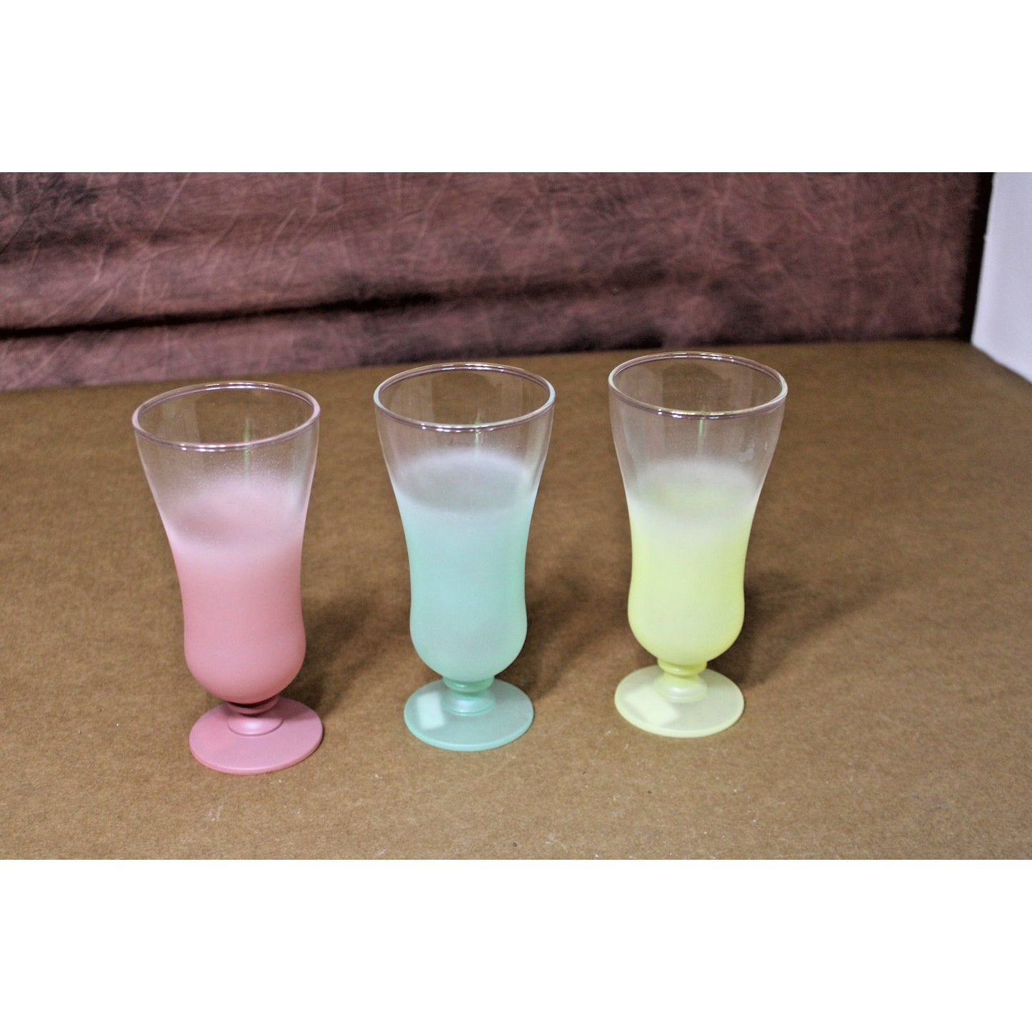 Three Frosted Pastel Blendo Parfait/ Footed Dessert Glasses, MCM Vintage 6-in.