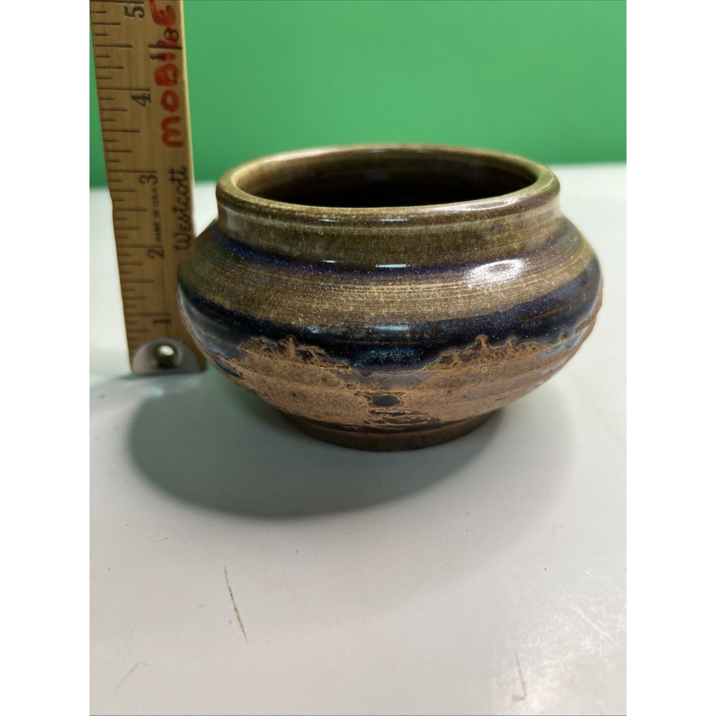 Studio Art Pottery Ceramic Blue Purple Brown Hues Drip Glazed Vintage Pot Bowl