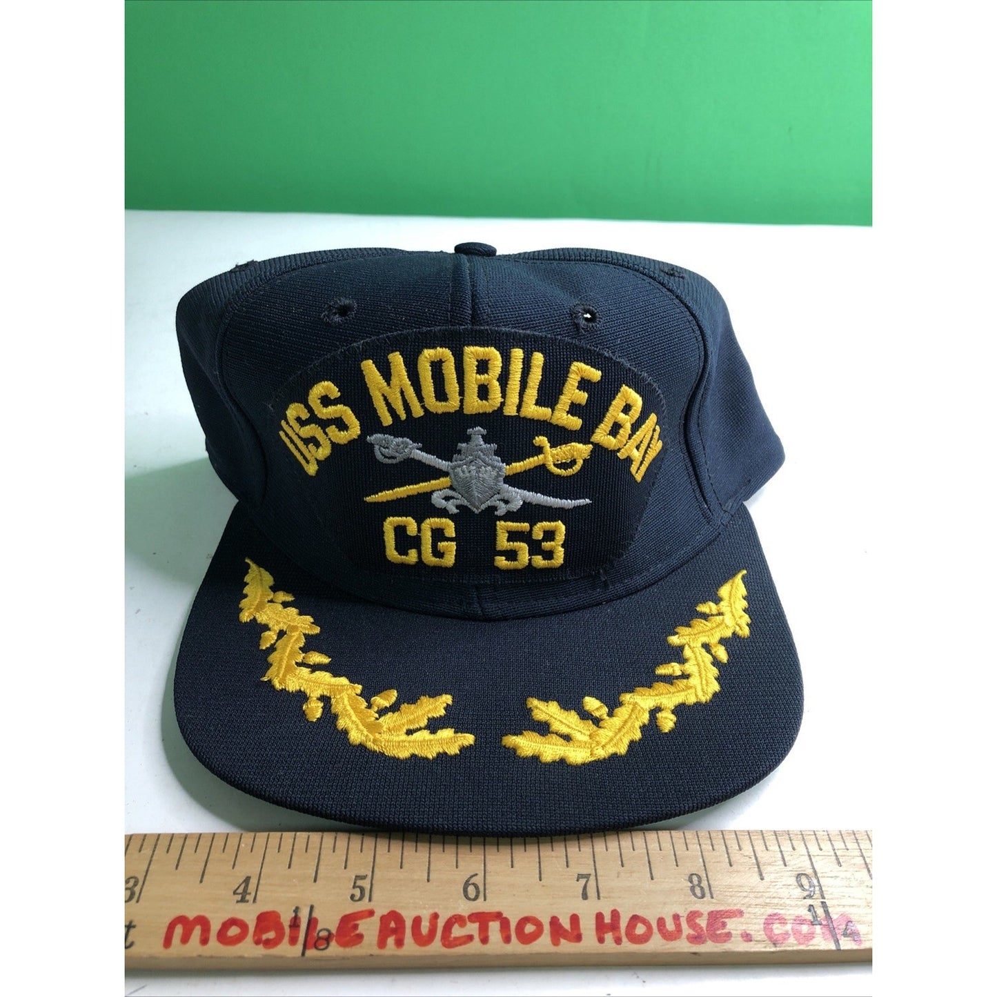 Vintage USS Mobile Bay CG 53 Logo Blue Black Baseball Cap Trucker Hat Snap Back