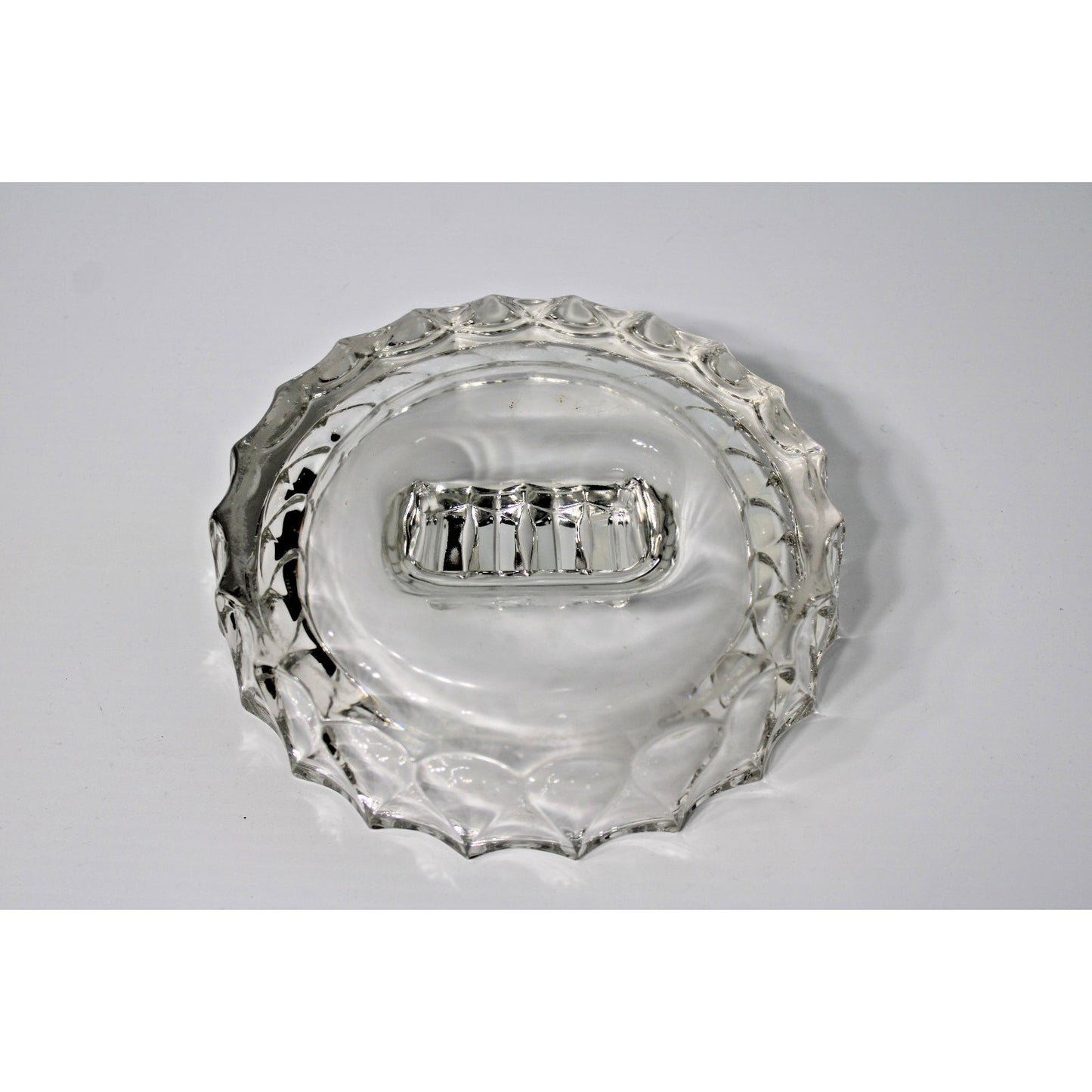 MCM Heavy Round Clear Glass Ashtray w/ Center Cigar/ Pipe/ Cigarette Holder
