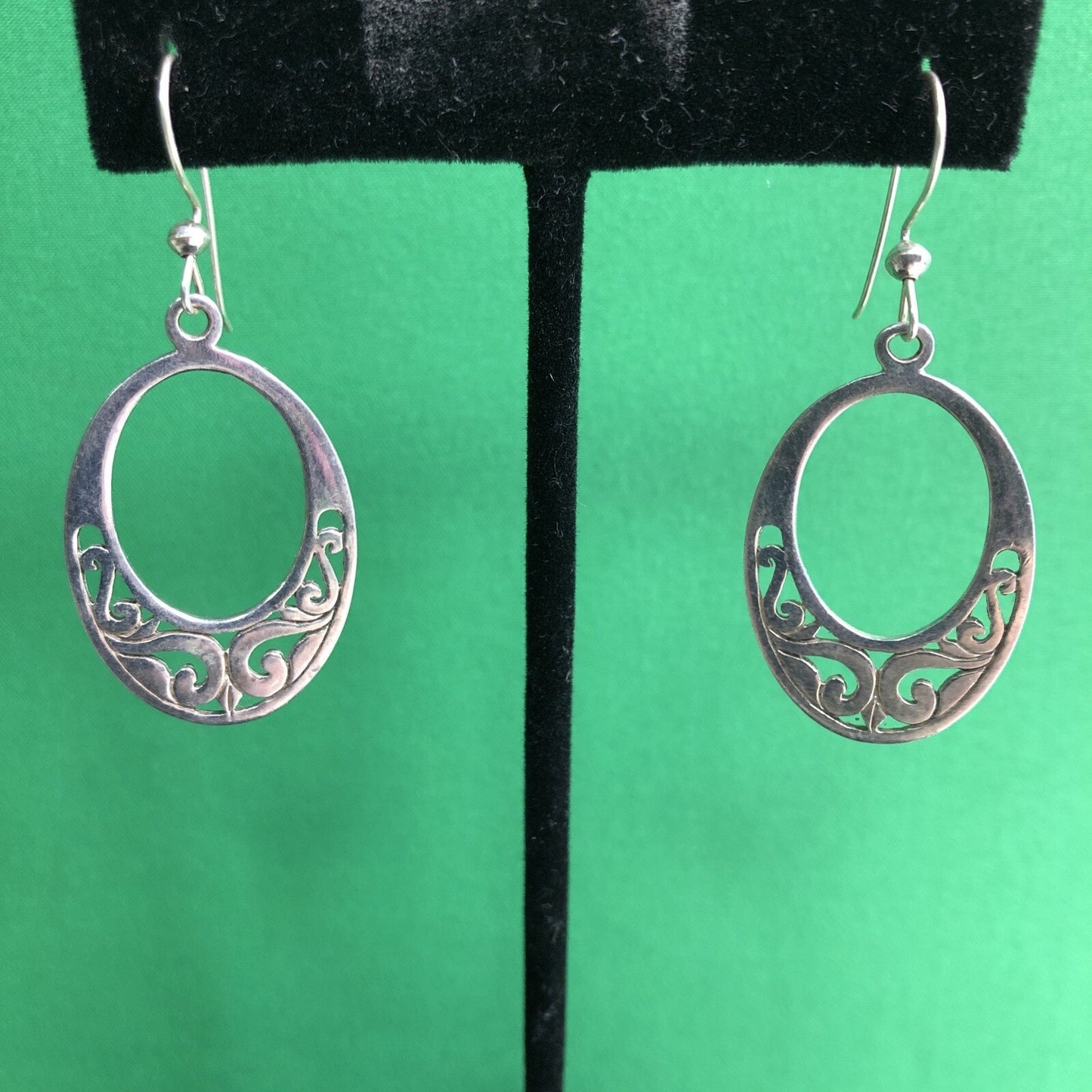 Vtg Mexican Silver Oval Drop Earrings Intricate Stamped Detail Pierced Hook Wire