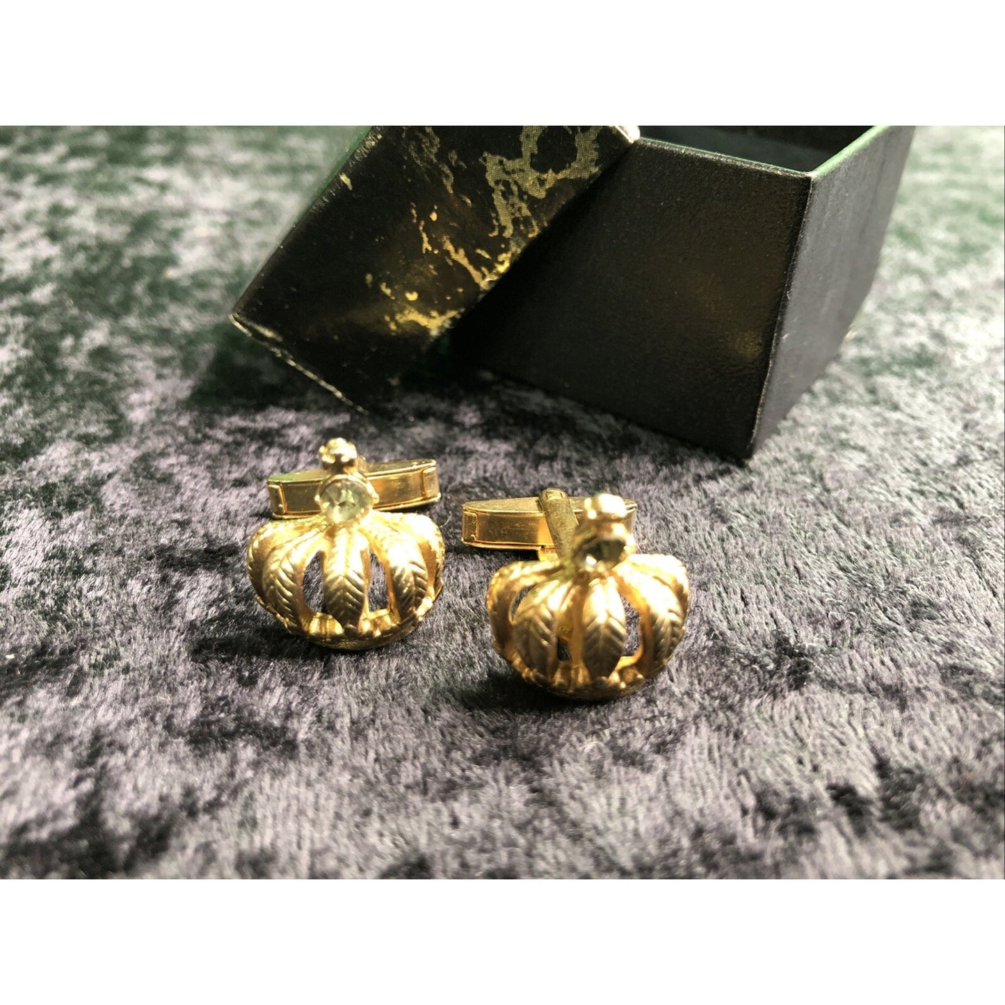 Vintage Mens Gold Tone Royal Crown Rhinestone Cufflinks Cuff Links Gift Box