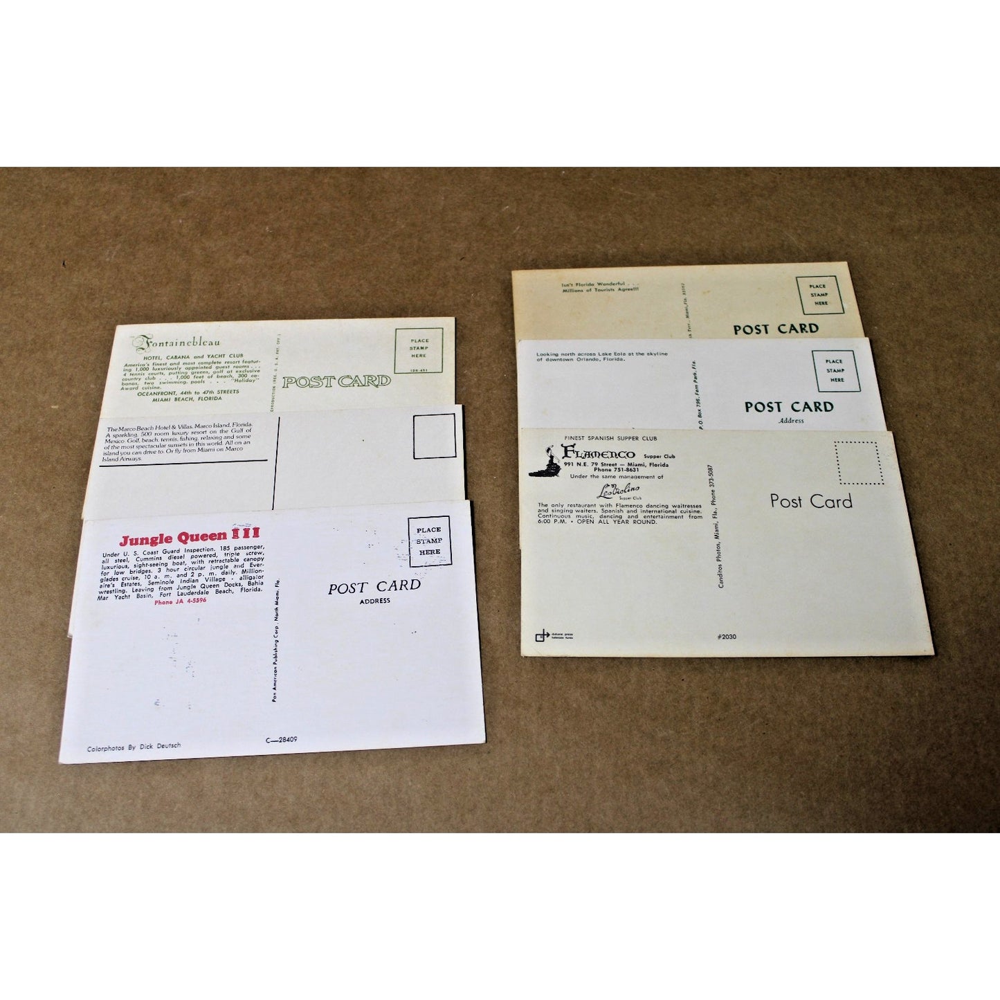 6 VTG Mid-Century Florida Travel Postcards, Miami, Orlando, Marco Beach- Lot 1