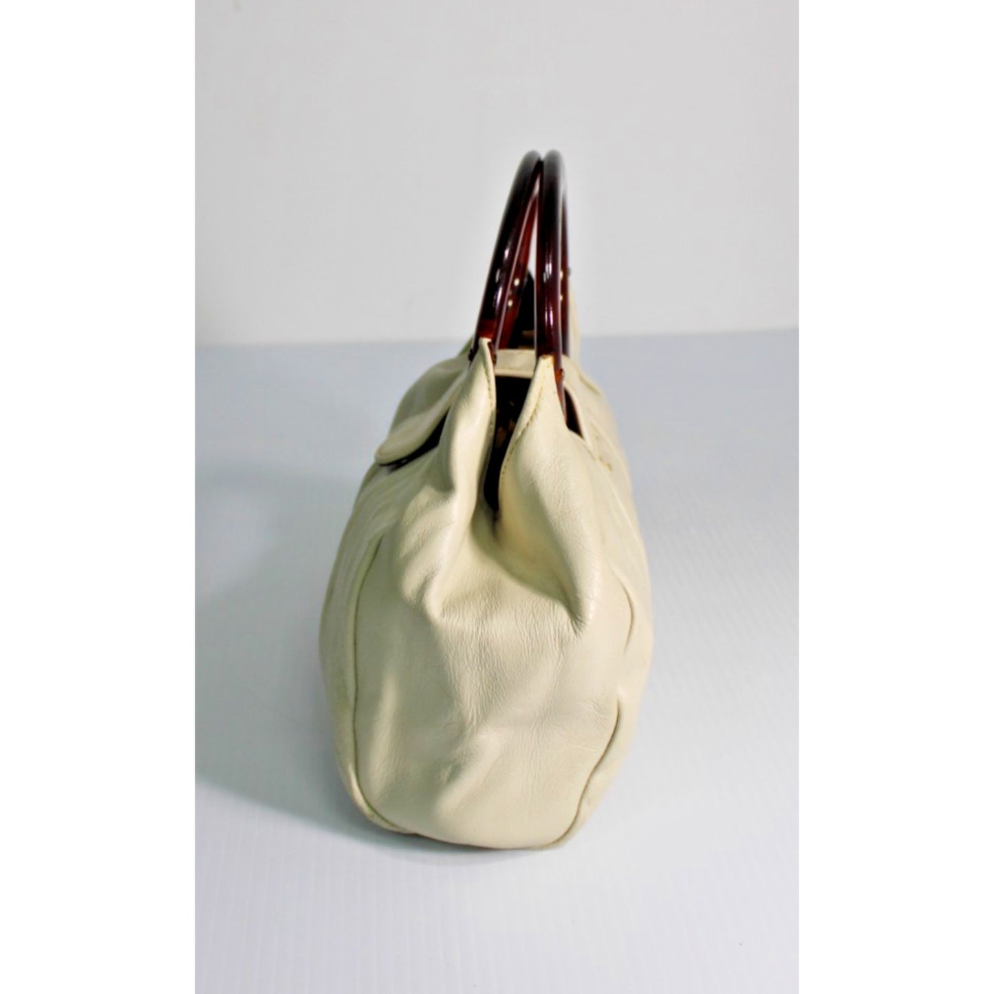 Vintage Andé Cream Slouchy Genuine Leather Handbag Lucite Tortoiseshell Handles