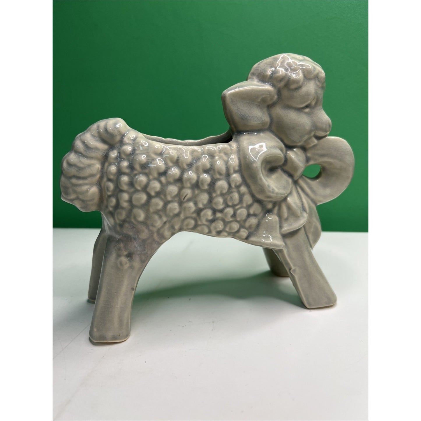 Vintage McCoy Art Pottery Nursery Curly Sheep Lamb With Bow Bells Planter Grey
