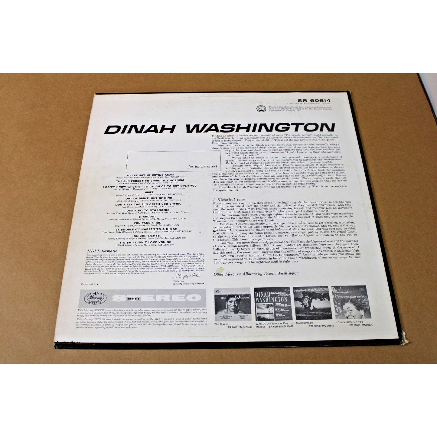 1960 Vtg. Jazz Album, Tuscaloosa, AL Native Dinah Washington- For Lonely Lovers