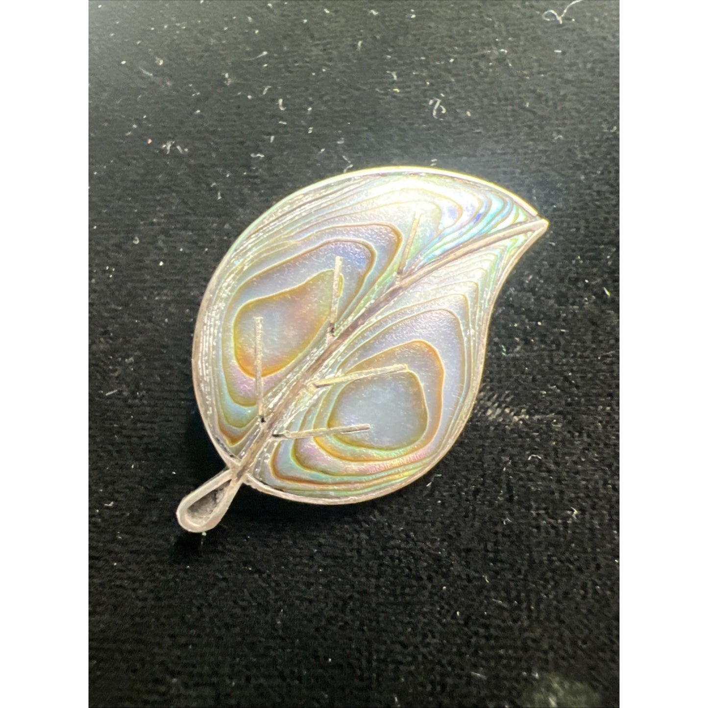Antique Abalone Leaf Brooch Pin Brilliant Colors Sterling Silver 1.25” Long