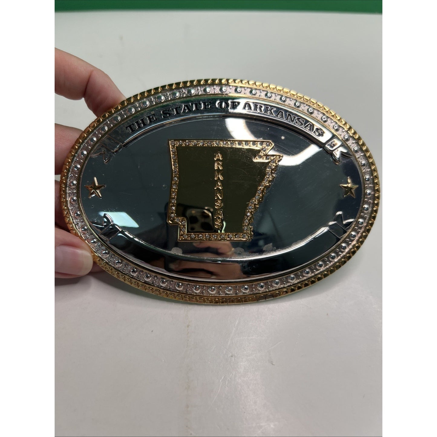 State of Arkansas Silver/Gold Tone Belt Buckle With Rhinestones Large 6” Wide