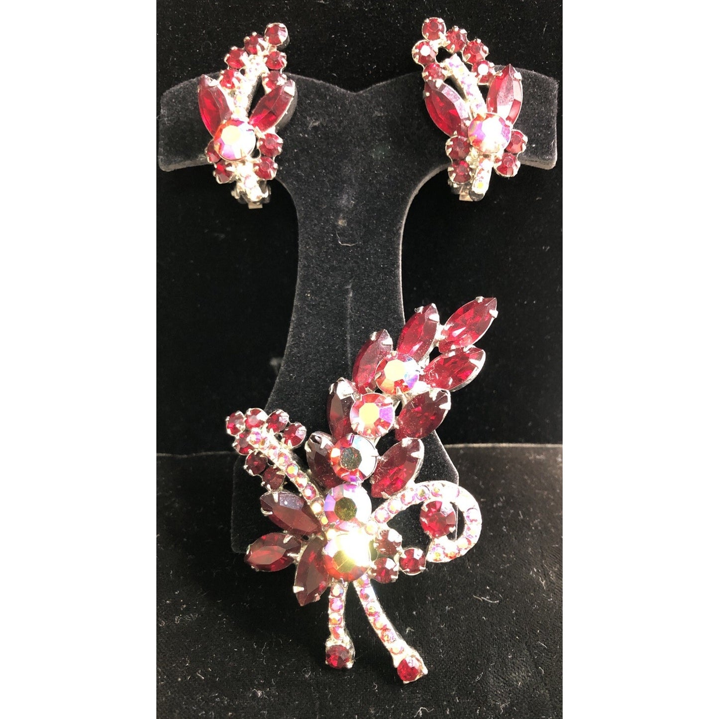 Vintage Rhinestone Brooch & Clip On Earring Set Red