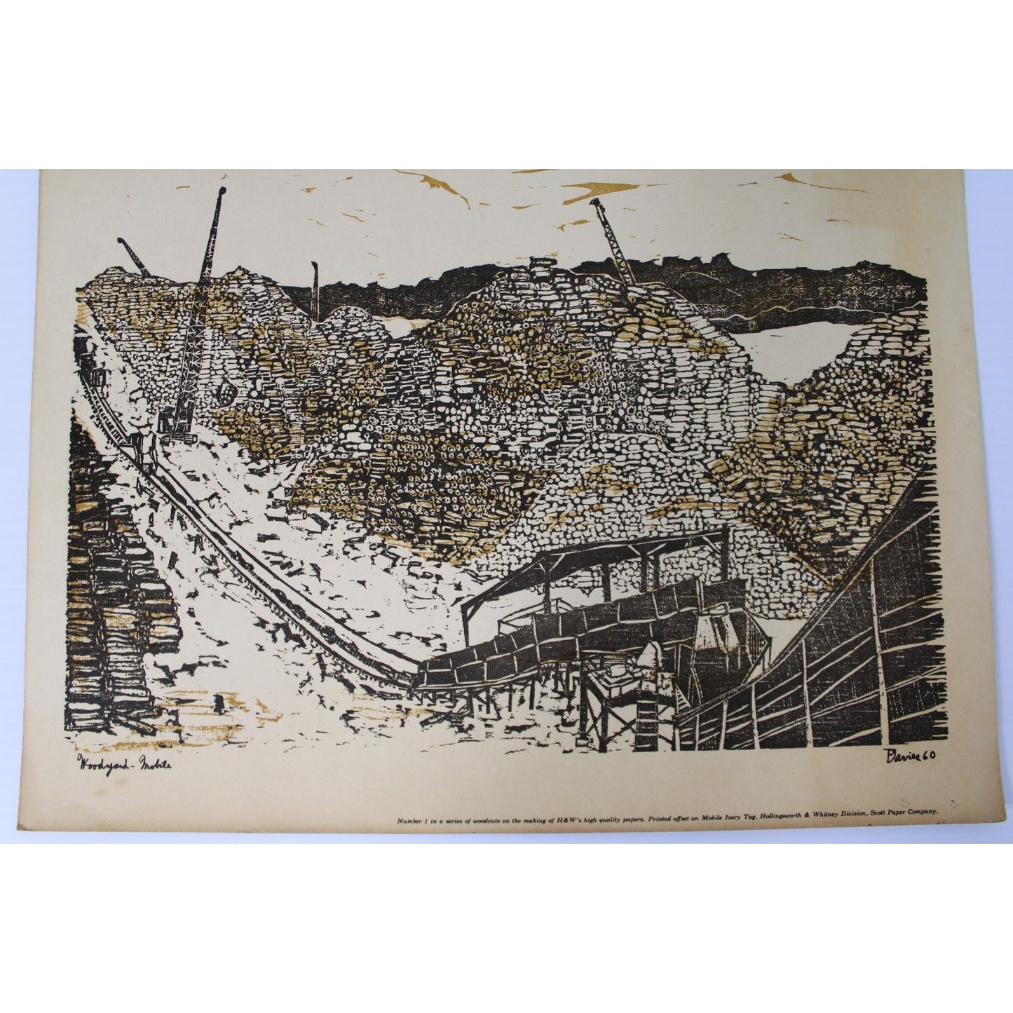Vintage Woodcut by Ted Davies- Scott Paper Co. Woodyard- Mobile, AL 14" x 11.25"