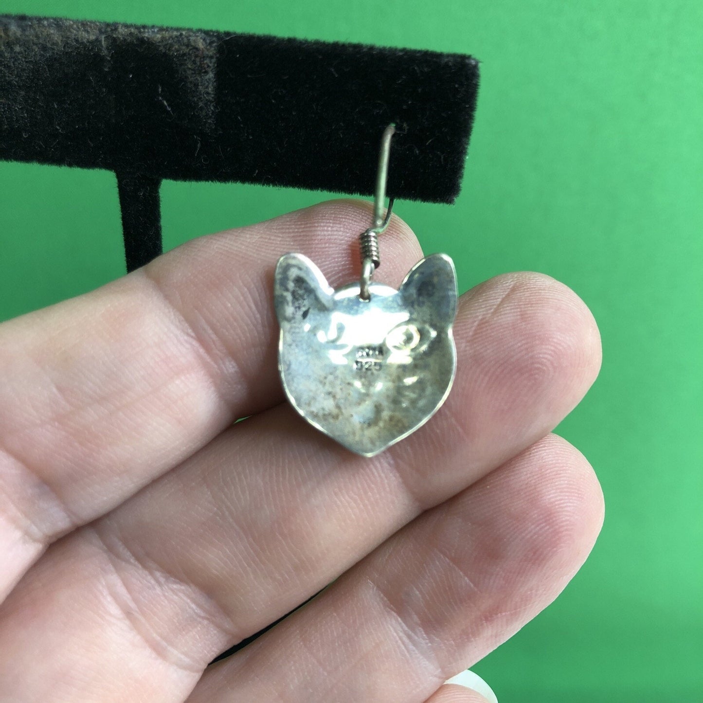 Vtg Mexican .925 Silver CAT Kitty Kitten Face Earrings Stamped Pierced Hook Wire