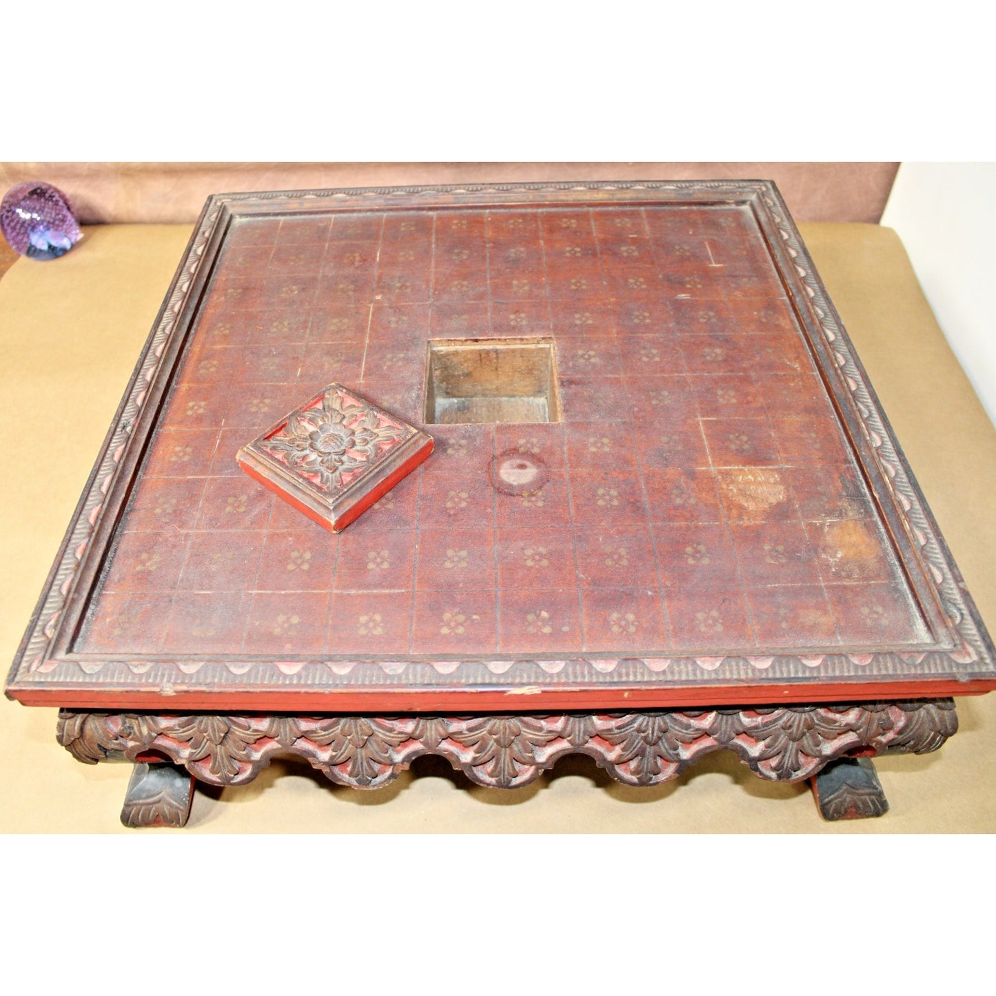 Heavily Carved Antique Japanese Wooden Shogi Game Board with Storage
