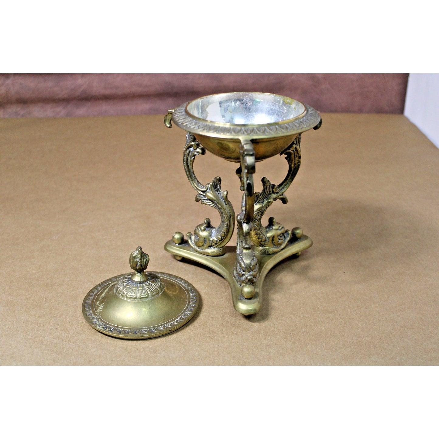 French Empire 9.5-Inch Tall Brass Lidded Bowl on Dolphin Pedestal, Gorgeous!