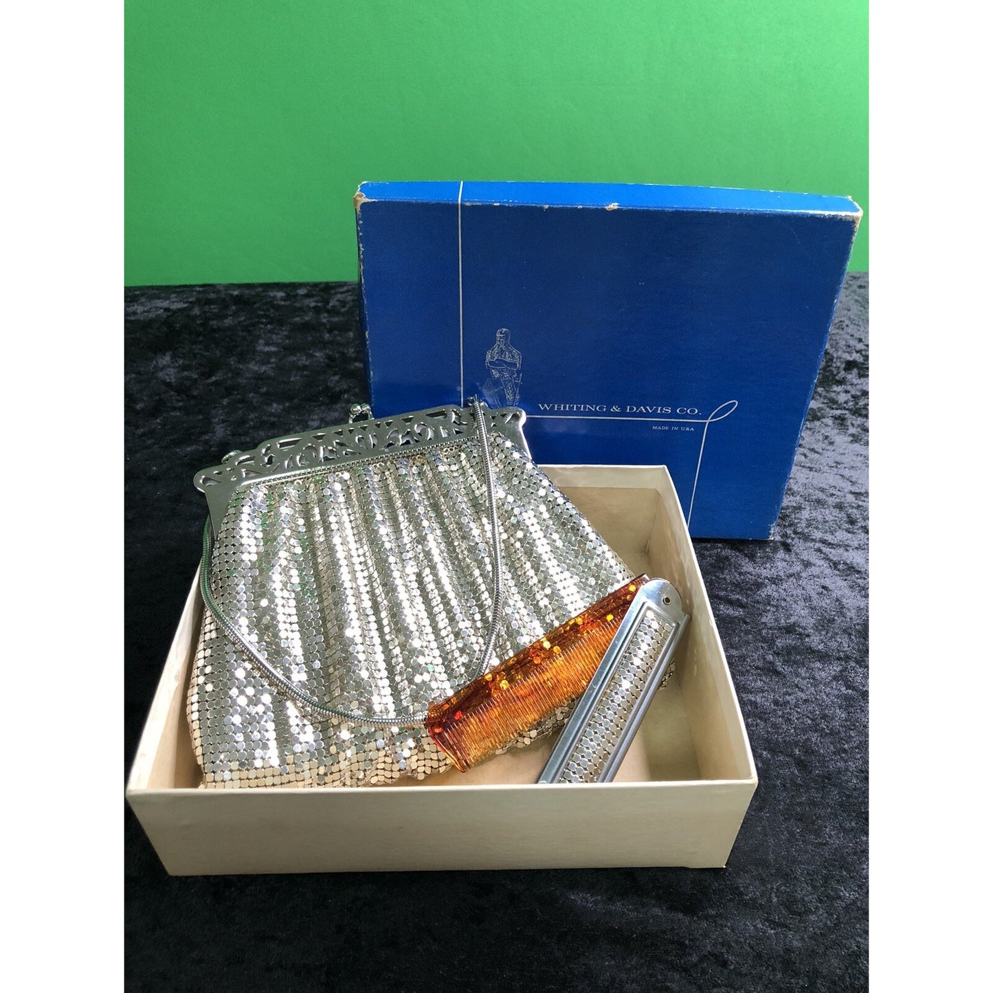 Vintage Set Whiting & Davis Silver Mesh Purse Kiss Lock w/ Box & Folding Comb