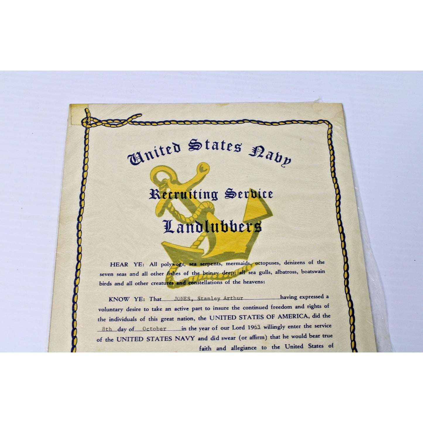 1963 United States Navy Recruiting Service Landlubbers Certificate, 1960s USN
