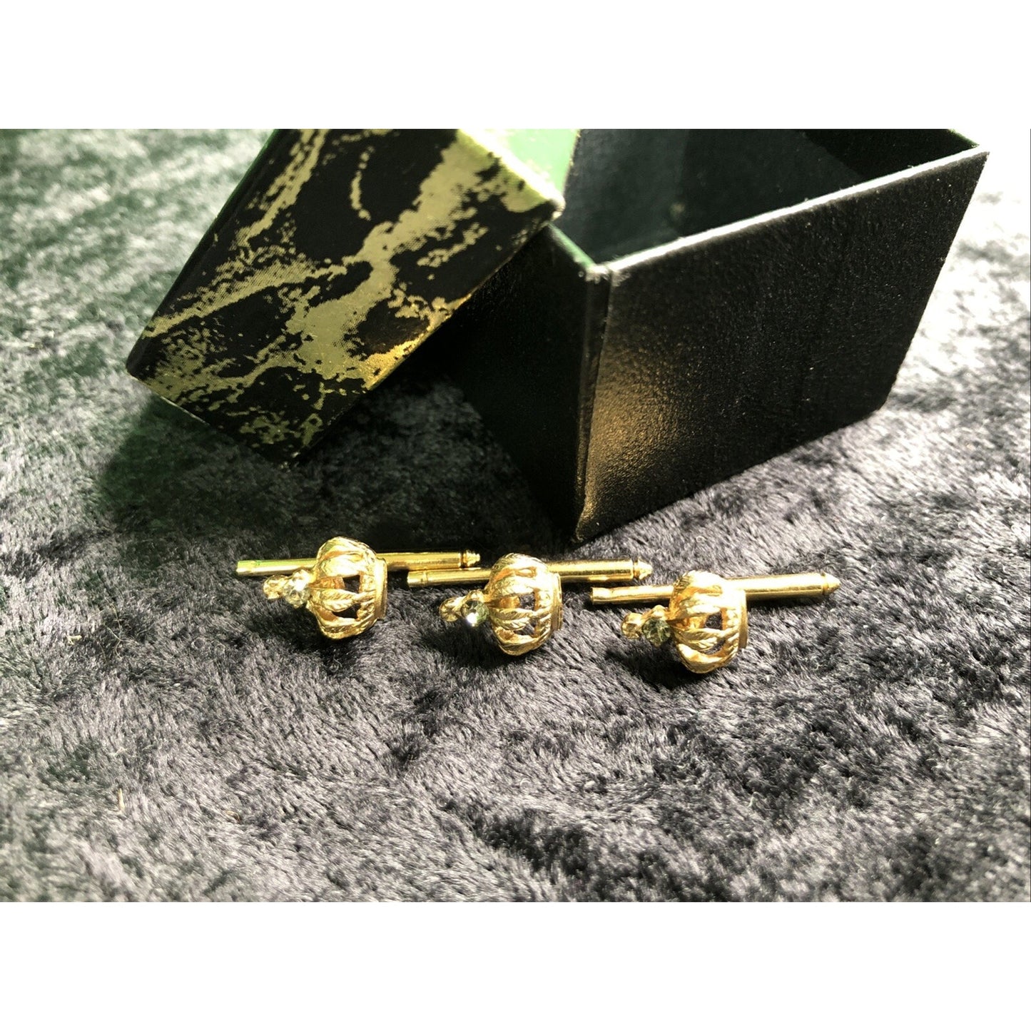 Vintage Mens Gold Tone Royal Crown Rhinestone Cufflinks Cuff Links Gift Spare