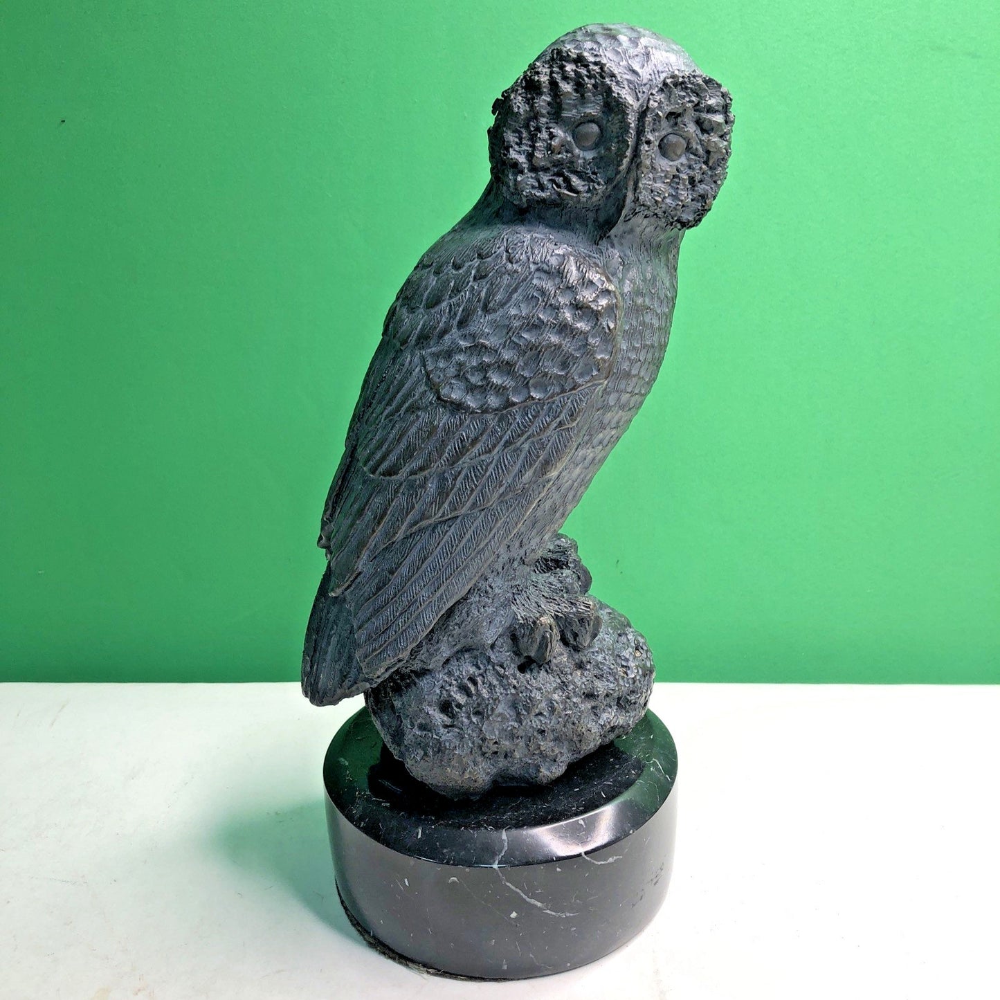 Realistic MCM Owl Bronze Sculpture Black Marble Base 11.25” Tall- 13 Pounds Bird