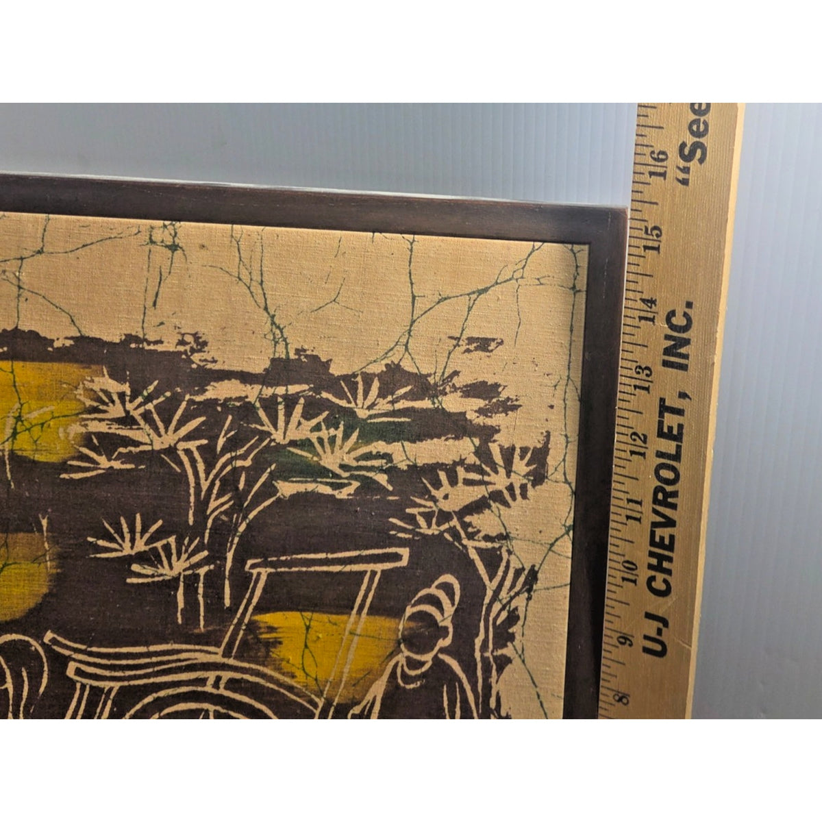 Vintage MCM Framed Batik Art "The Inspection Tour" Asian Horse Chariot 31"