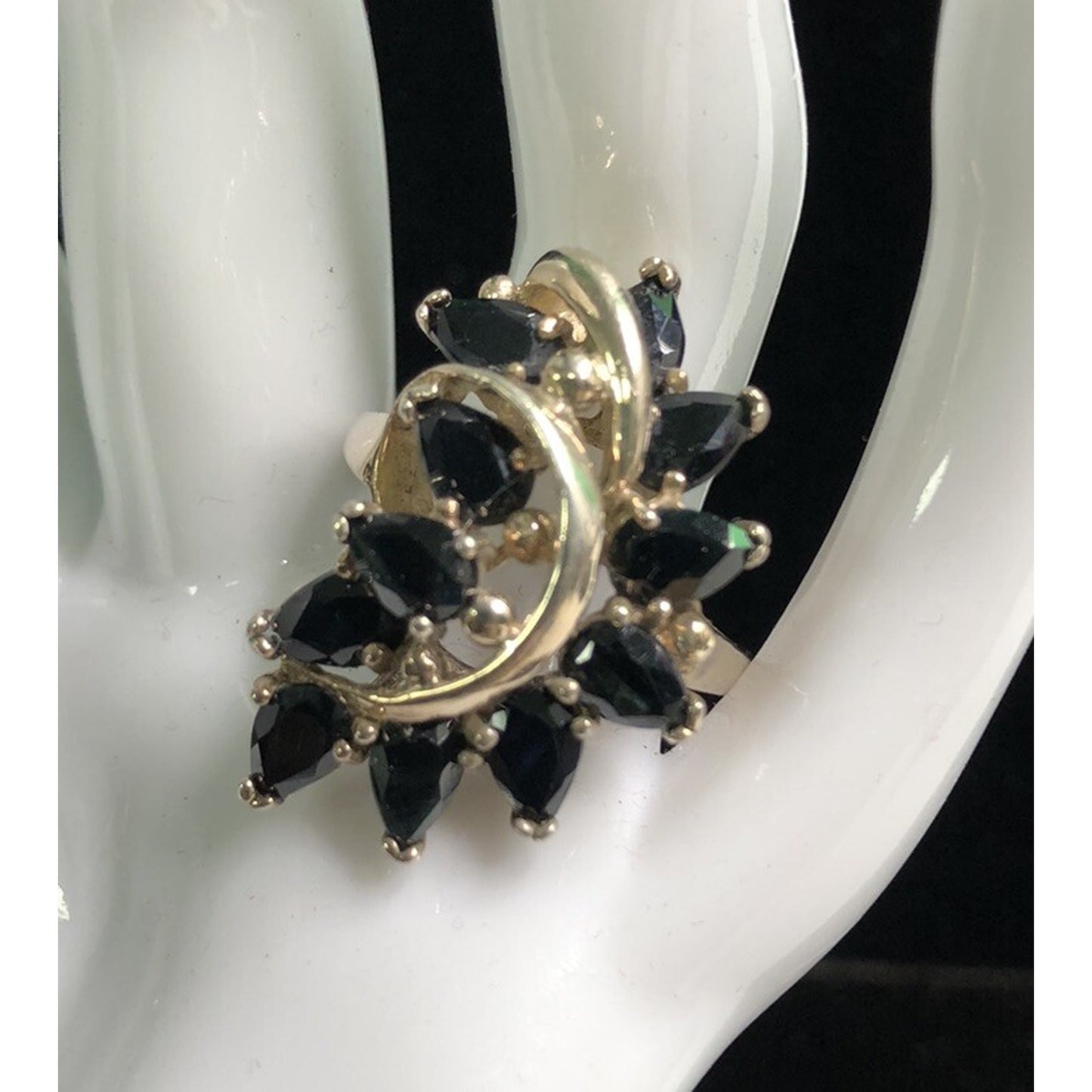 Vintage Sterling Silver Cocktail RING SIZE 10 Black Teardrop Stones Waterfall