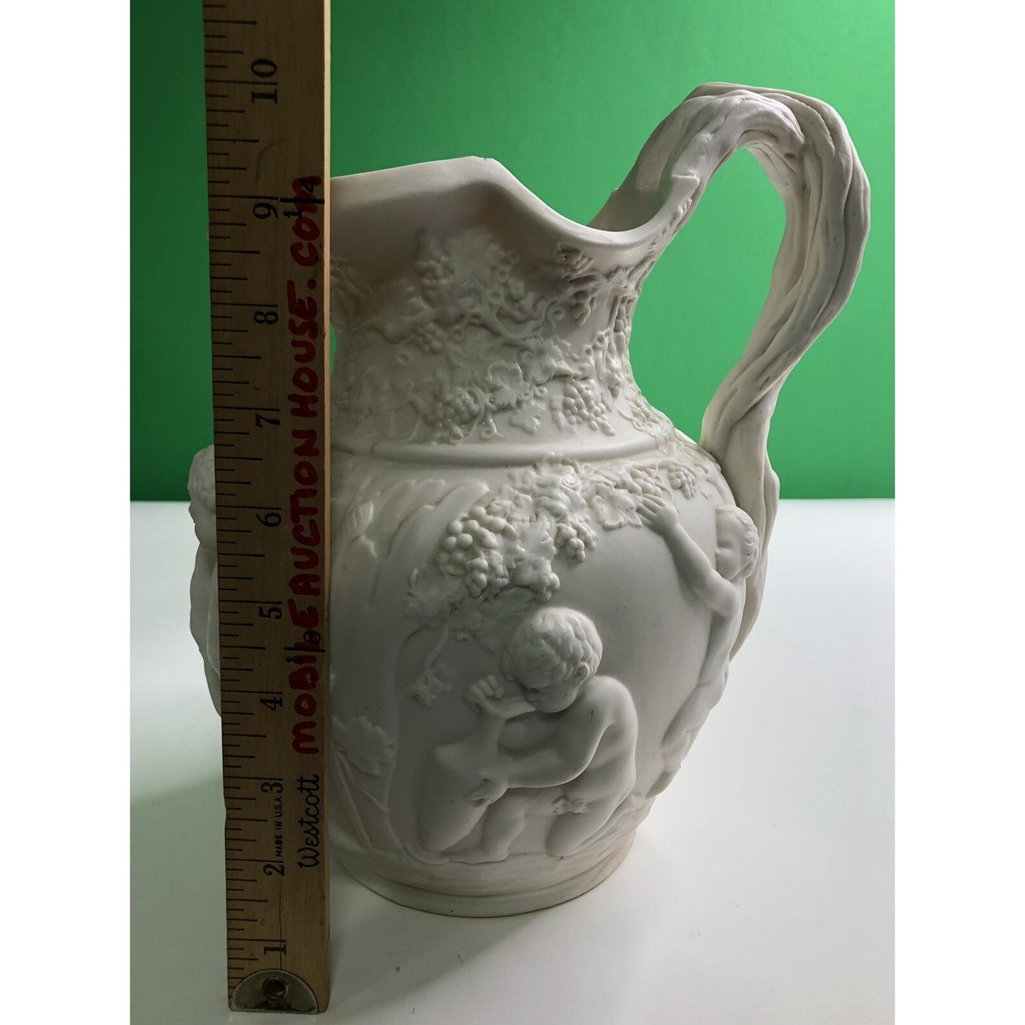 Antique Copeland Parian Ware Pitcher Jug Putti Relief Motif With Grapes Cherubs