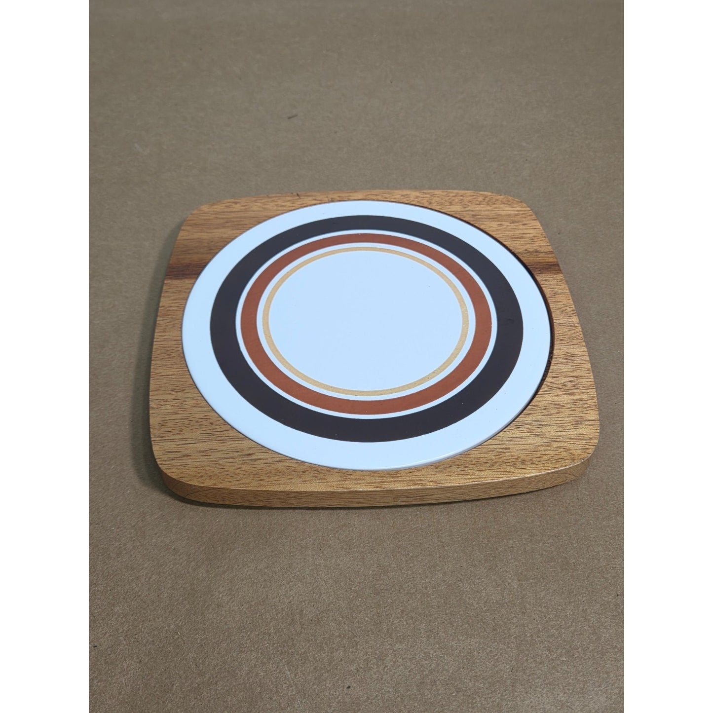 Vintage MCM Wood & Ceramic Tile Trivet - Retro 70s Concentric Circles