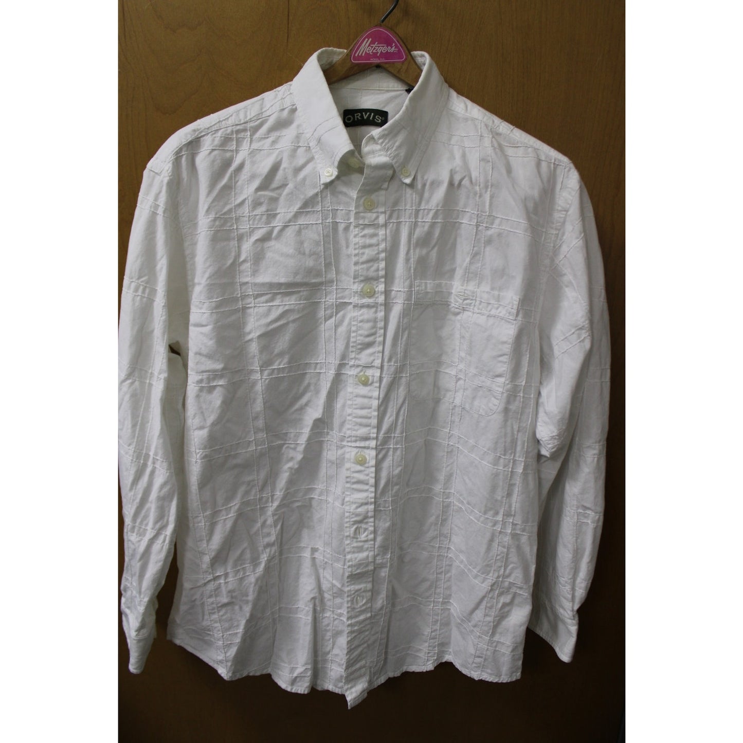 Orvis Men's Sz L White Textured Grid Stitch Long Sleeve Cotton Button Up Shirt