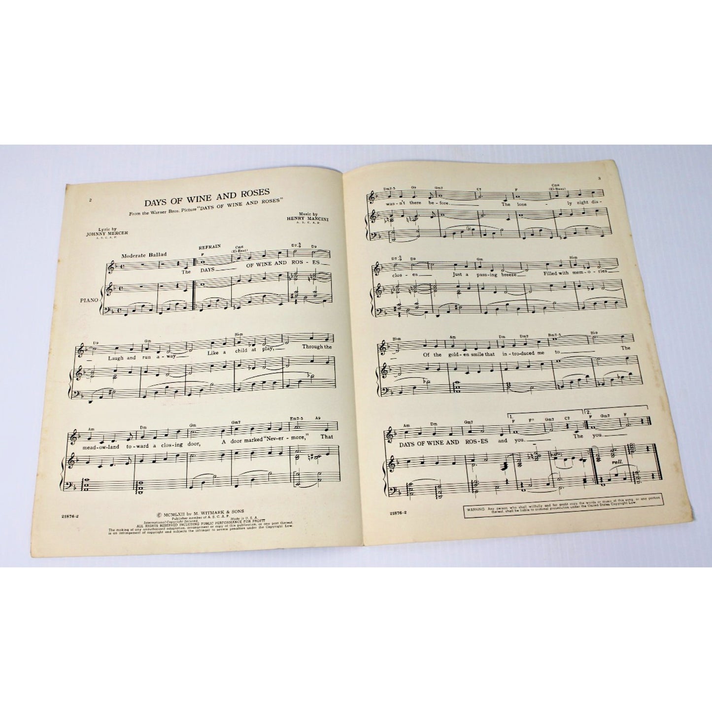 1962 Vintage Sheet Music: Days of Wine and Roses, Signed by Phil Gordon