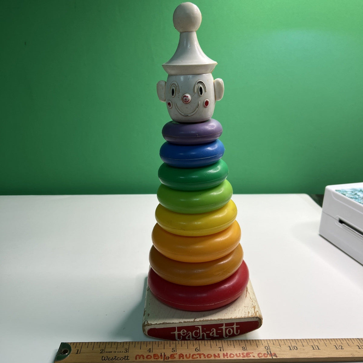 1960's a "Teach-A-Tot" Toy Wood Rocking Rainbow Stacking Plastic Donuts Clown