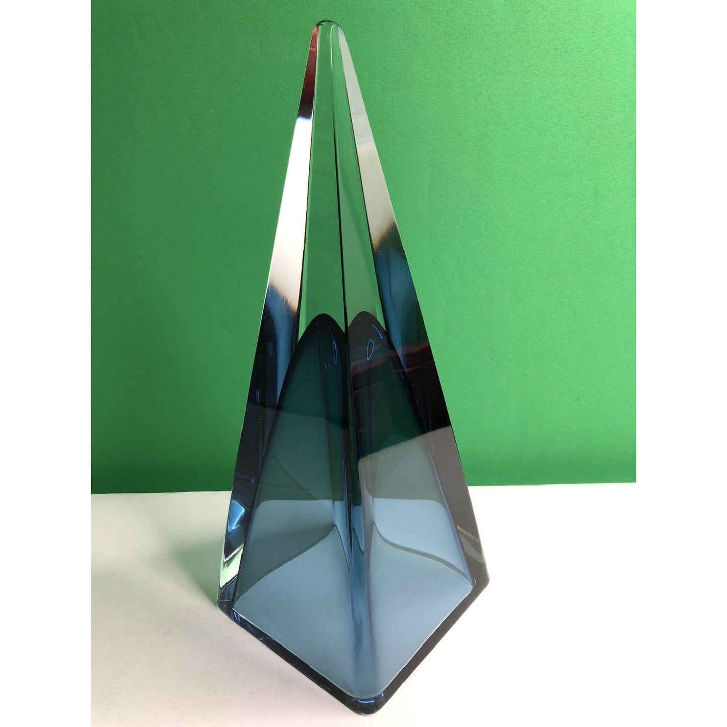 Vintage Cobalt Blue & Clear Crystal Pyramid Glass Triangle 12” High
