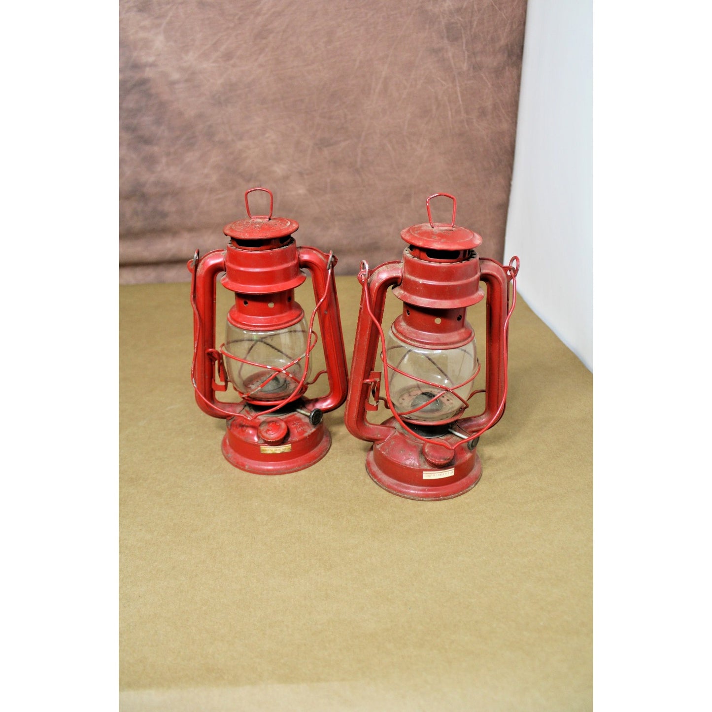 Vintage Pair of Red Kerosene Lanterns, Oil Lamps, 1 Swallow Brand, 10.5" H