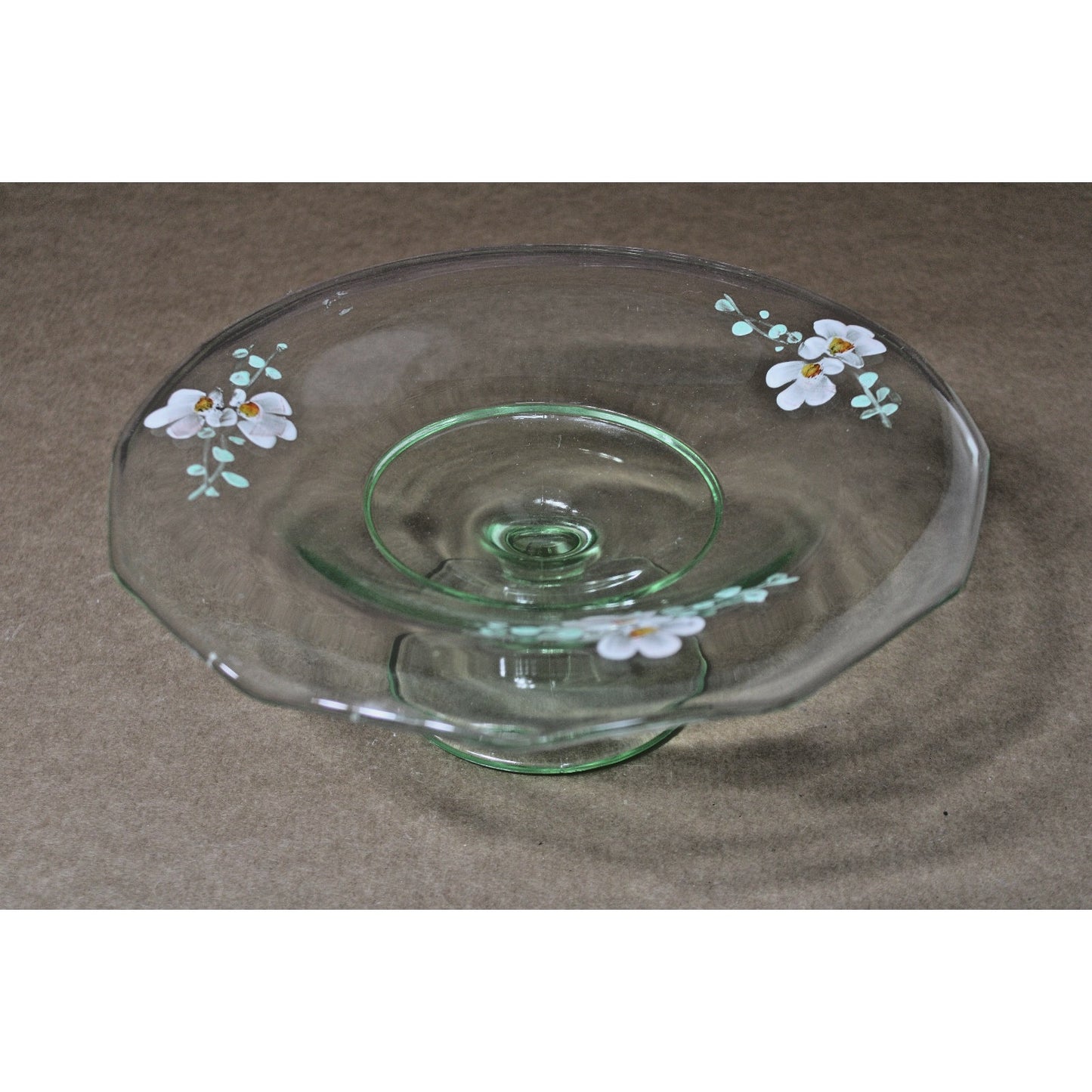 Vtg Bohemian Green Uranium Footed Wide Compote Dish Hand Painted Floral Design