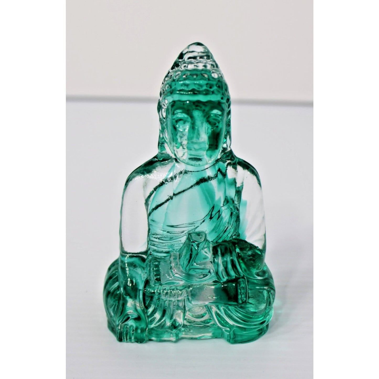 Art Glass Buddha Bodhisattva Figure, 5.5H Clear & Teal Swirl Dynasty Gallery