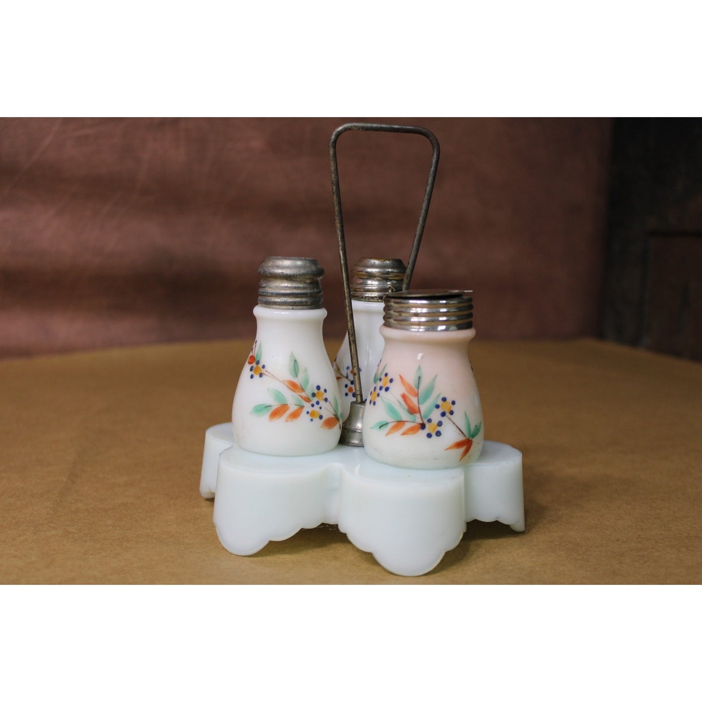 Antique Painted Milk Glass Condiment Caddy, Complete and Original