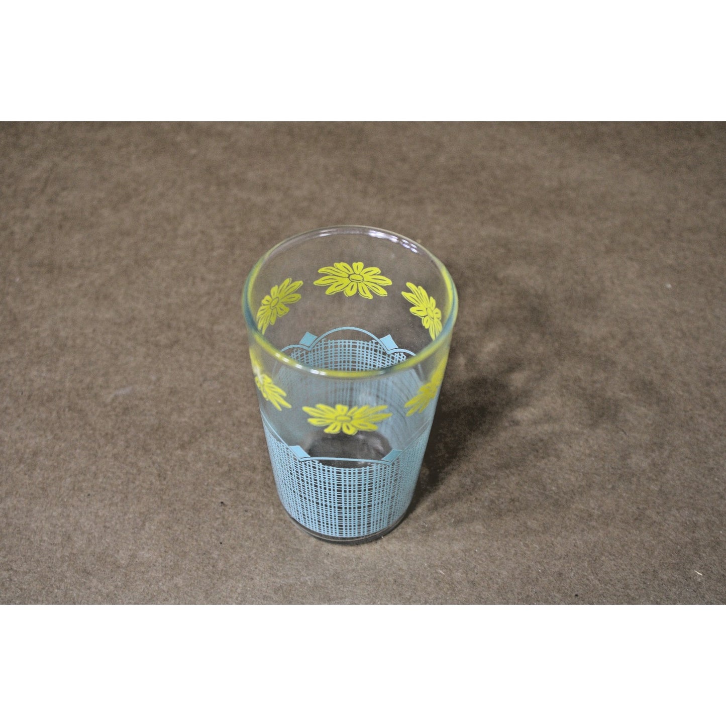 Vintage Mid Century Juice Glass, Pale Aqua Yellow Daisy Basket Pattern 4"H