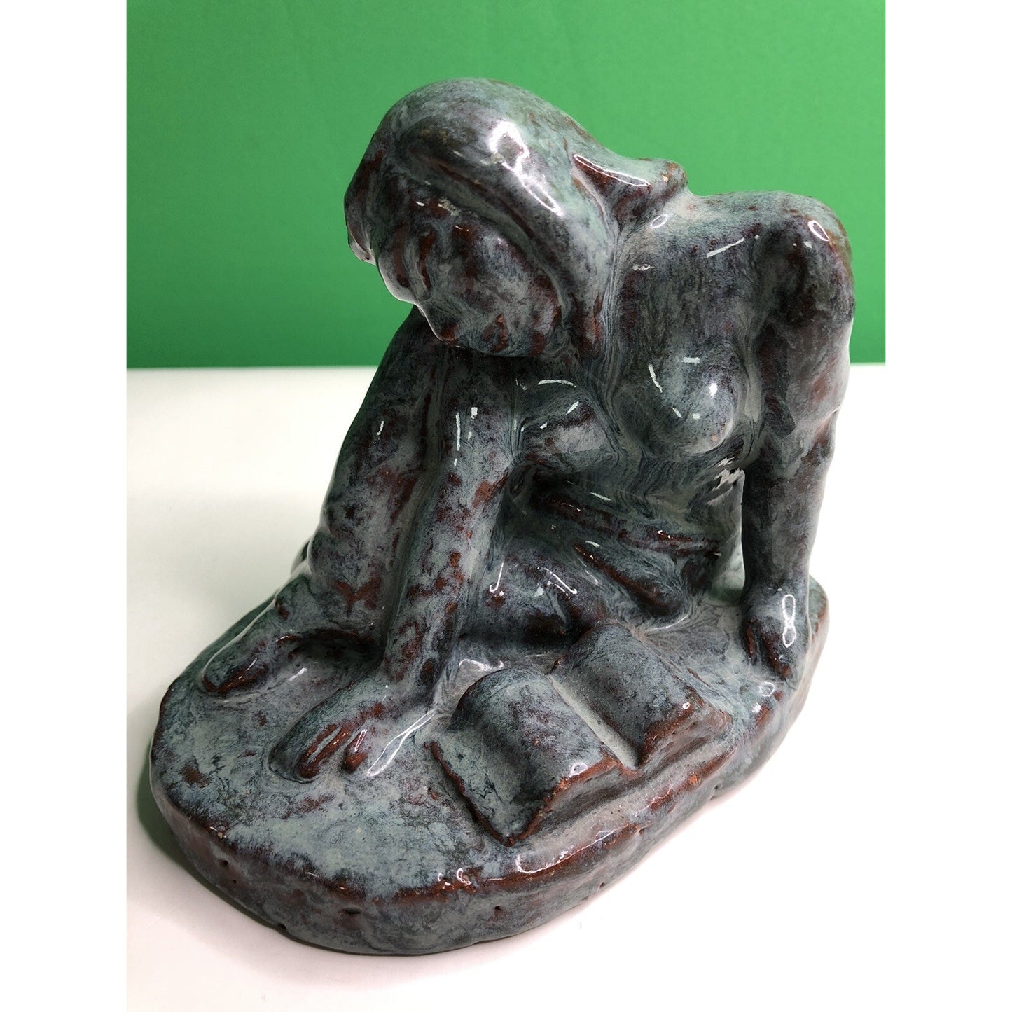 Vintage Blue Glazed Partial Nude Reading Book By Dennell Clay Figurine OOAK