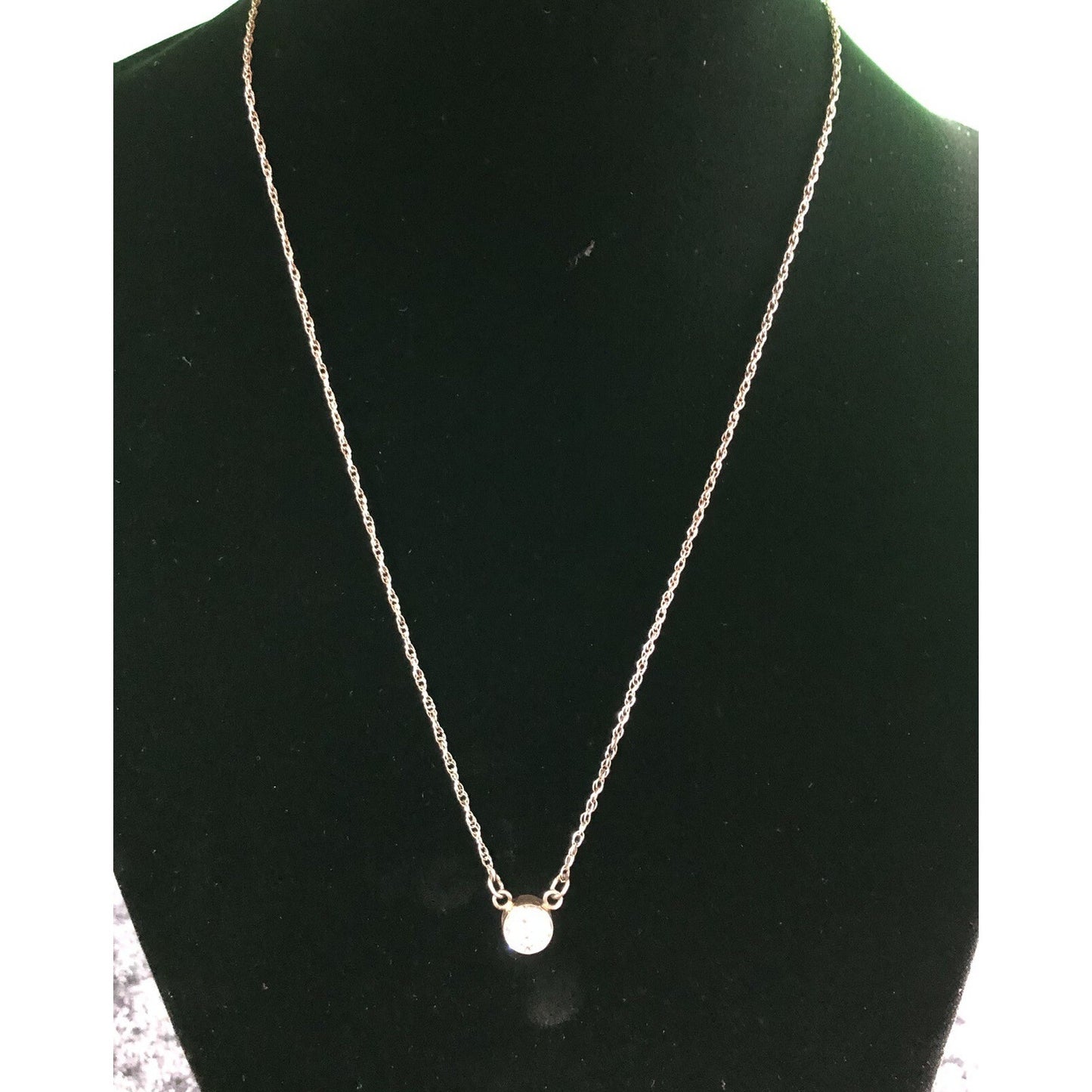 Vintage Sterling Silver CZ Bezel Set Solitaire Pendant Dainty Rope Chain