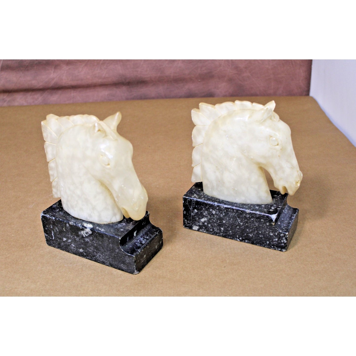 Vintage Heavy Carved Stone & Marble Book Ends, Horse Head, Figural, 7" H