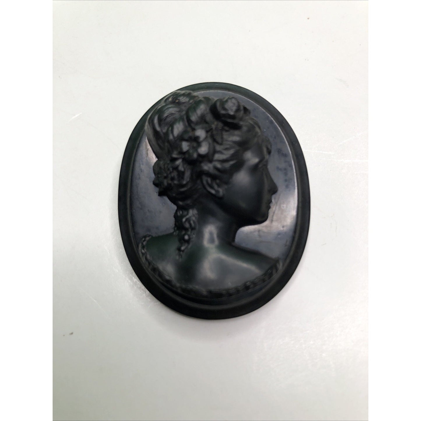 Antique Victorian Gutta Percha Mourning Brooch Pin Intricate Elegant Female