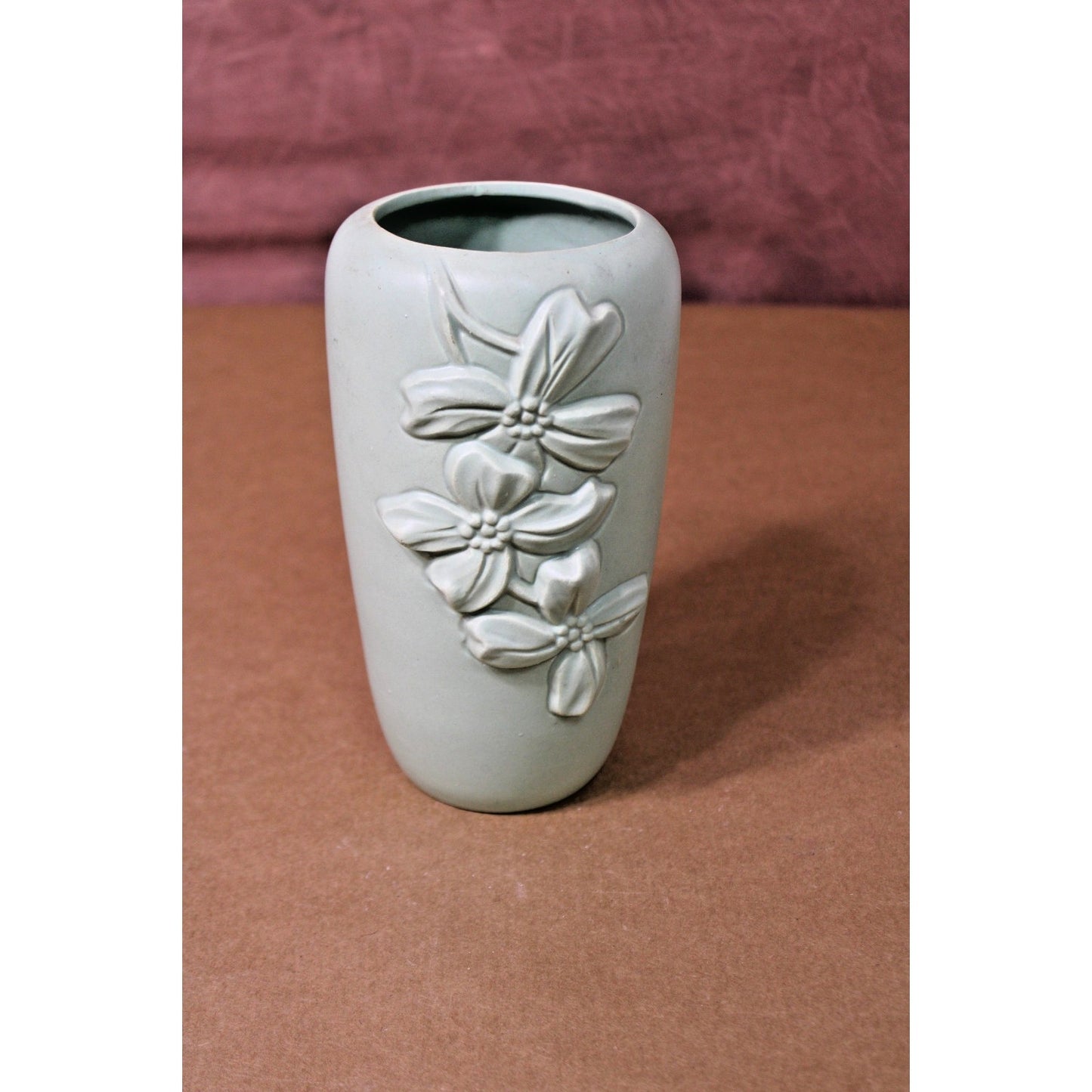 Vintage Haeger Dogwood Vase, Matte Green Raised Relief, 75th Anniversary, 8" H