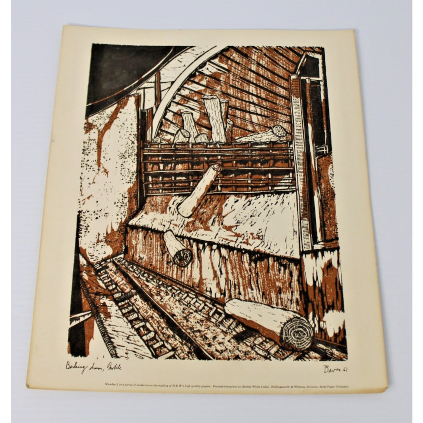 Vintage Woodcut by Ted Davies- Scott Paper Co Barking Drum, Mobile, AL 14" x 11"