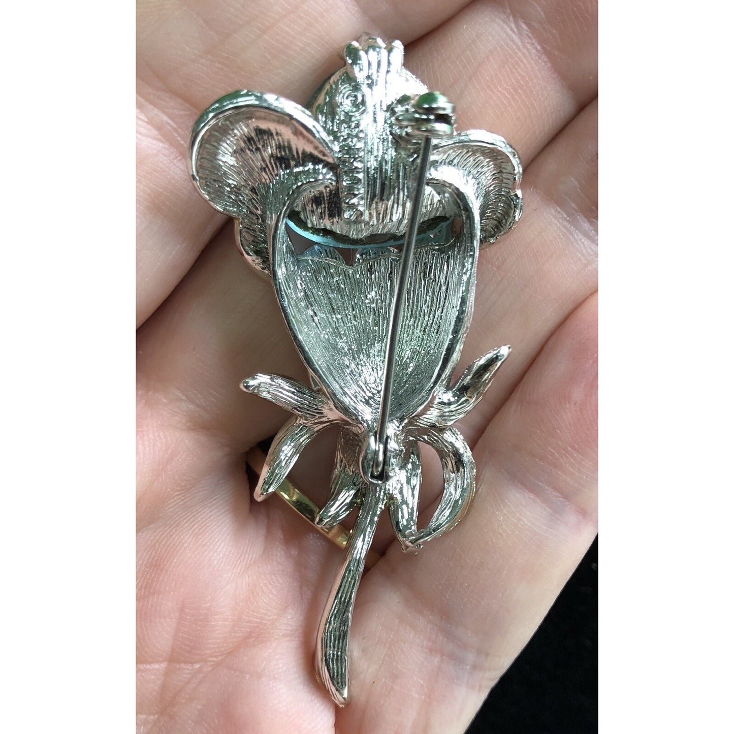 Vintage Emmons Floral w/ Blue Stone Silver Tone MCM Brooch Flower