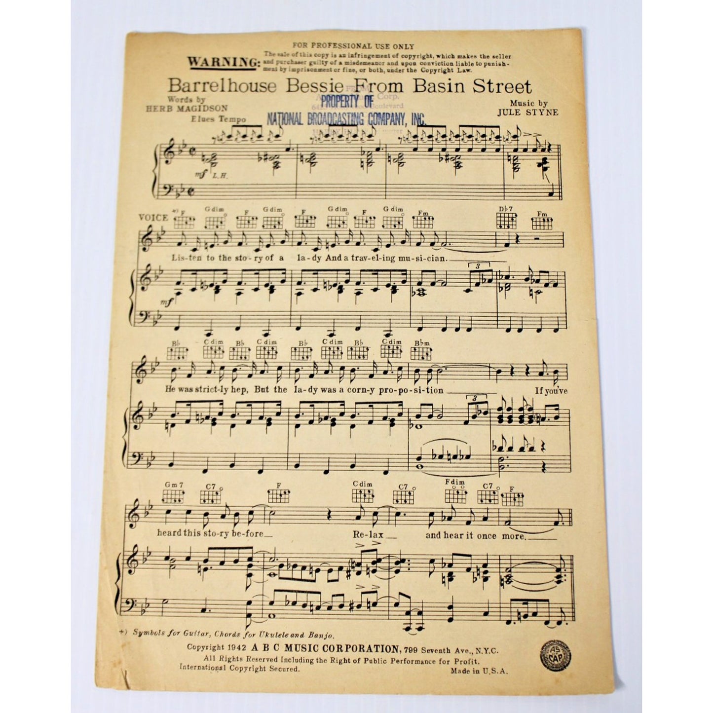 Vintage 1942 NBC Professional Sheet Music- Barrelhouse Bessie From Basin Street