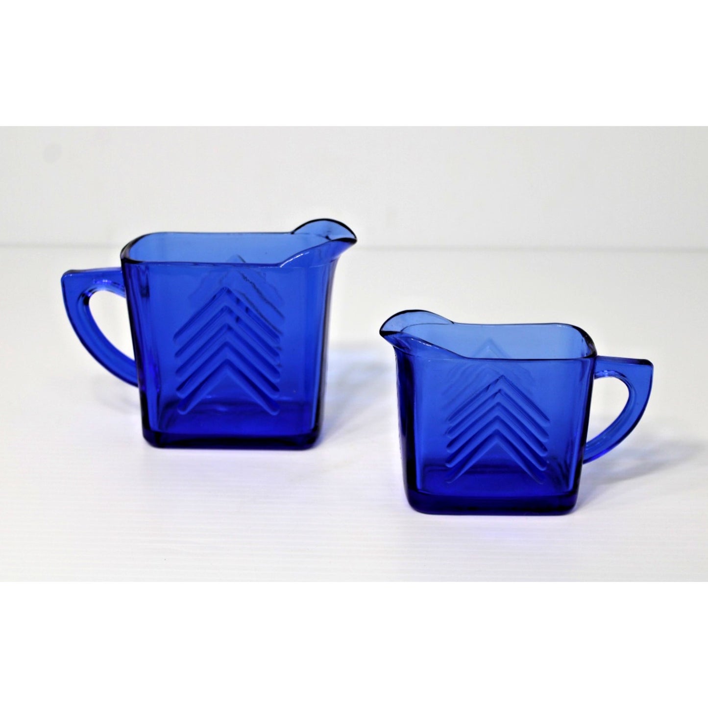 Vintage 1930s Hazel Atla Cobalt Glass, Blue Art Deco Milk & Creamer Chevron Set