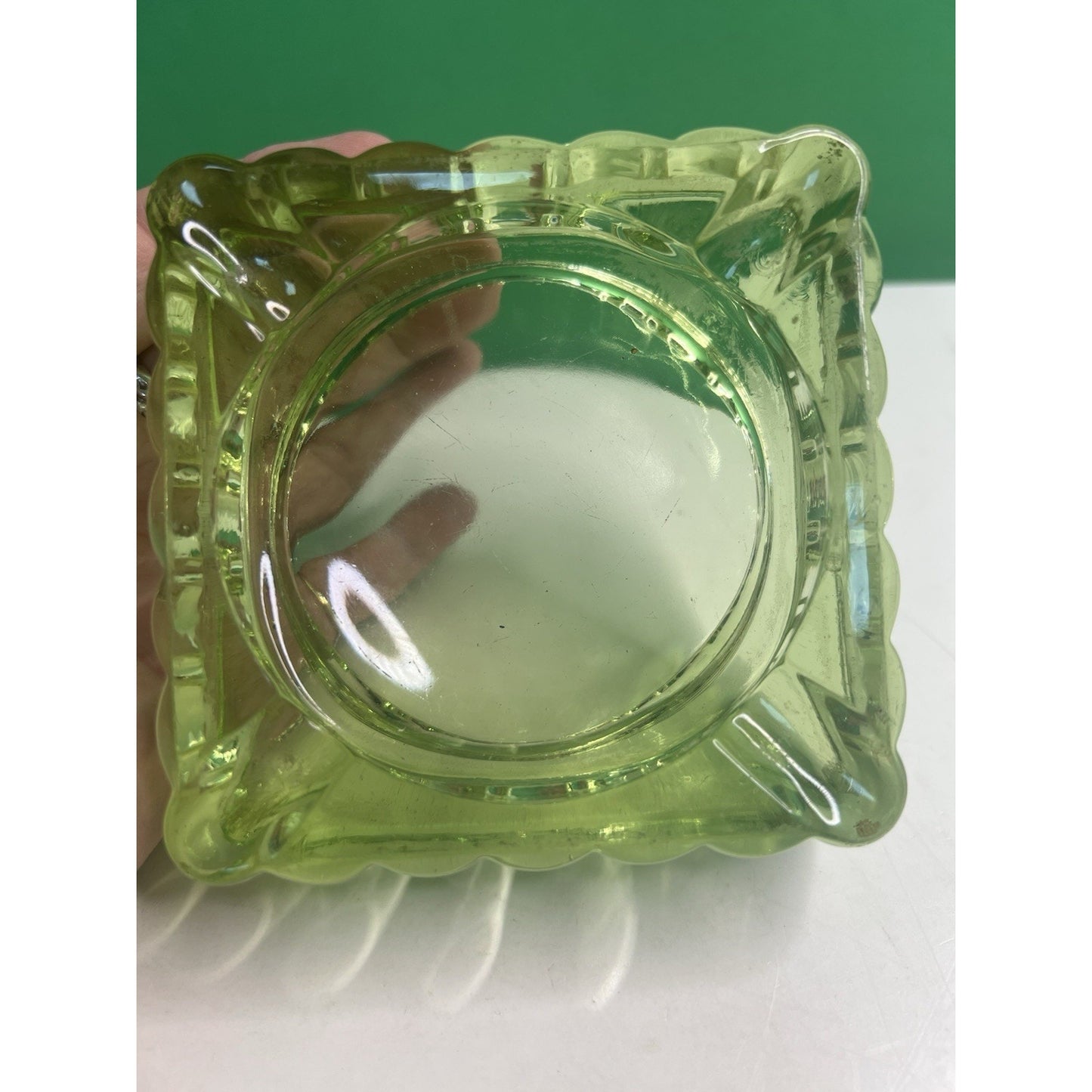 Vintage 4x4 Uranium Glass Ashtray Heavy Depression Green Glows Bright Tobacciano