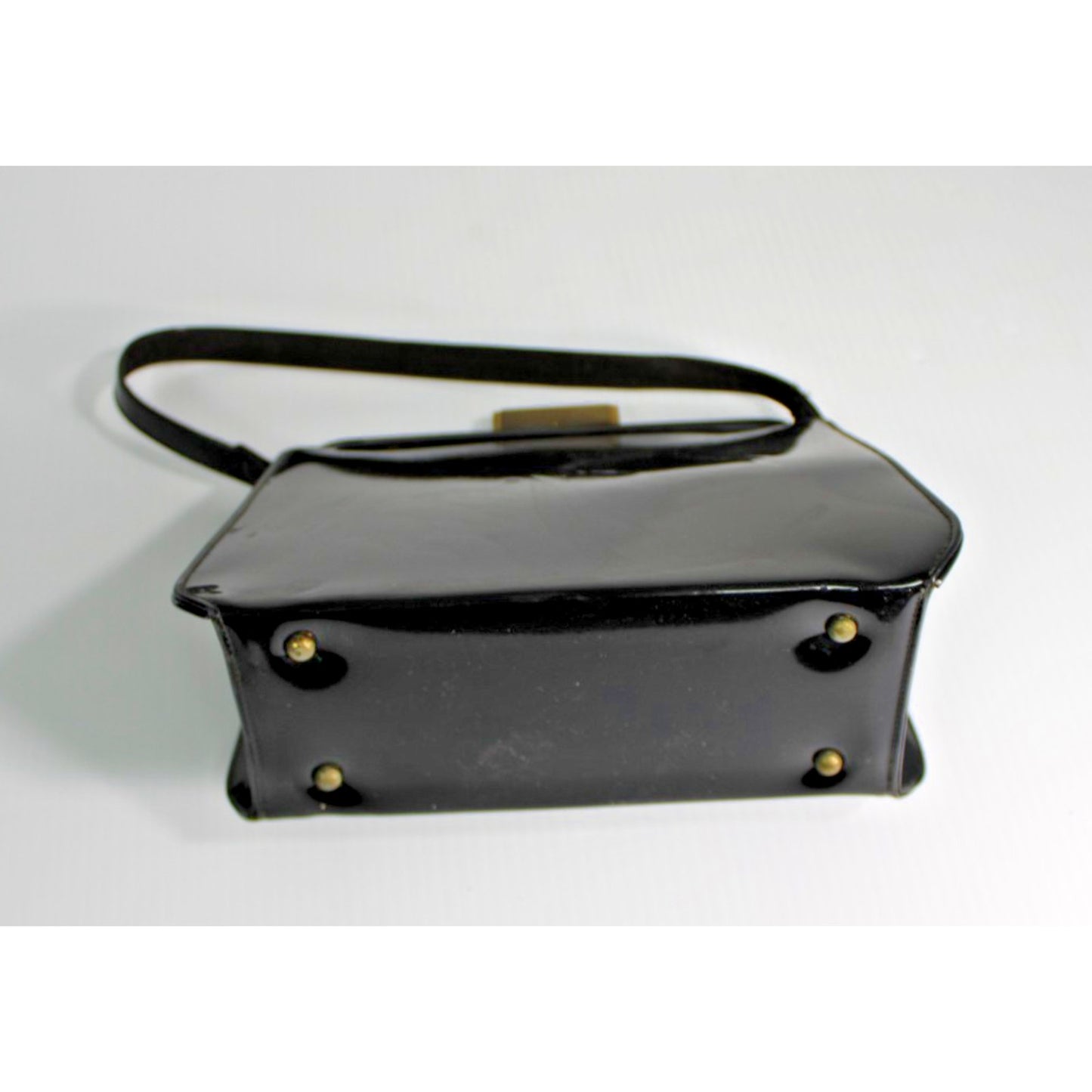 Vintage 1950s 1960s Black Patent Structured Frame Handbag Gold Bar Clasp MCM